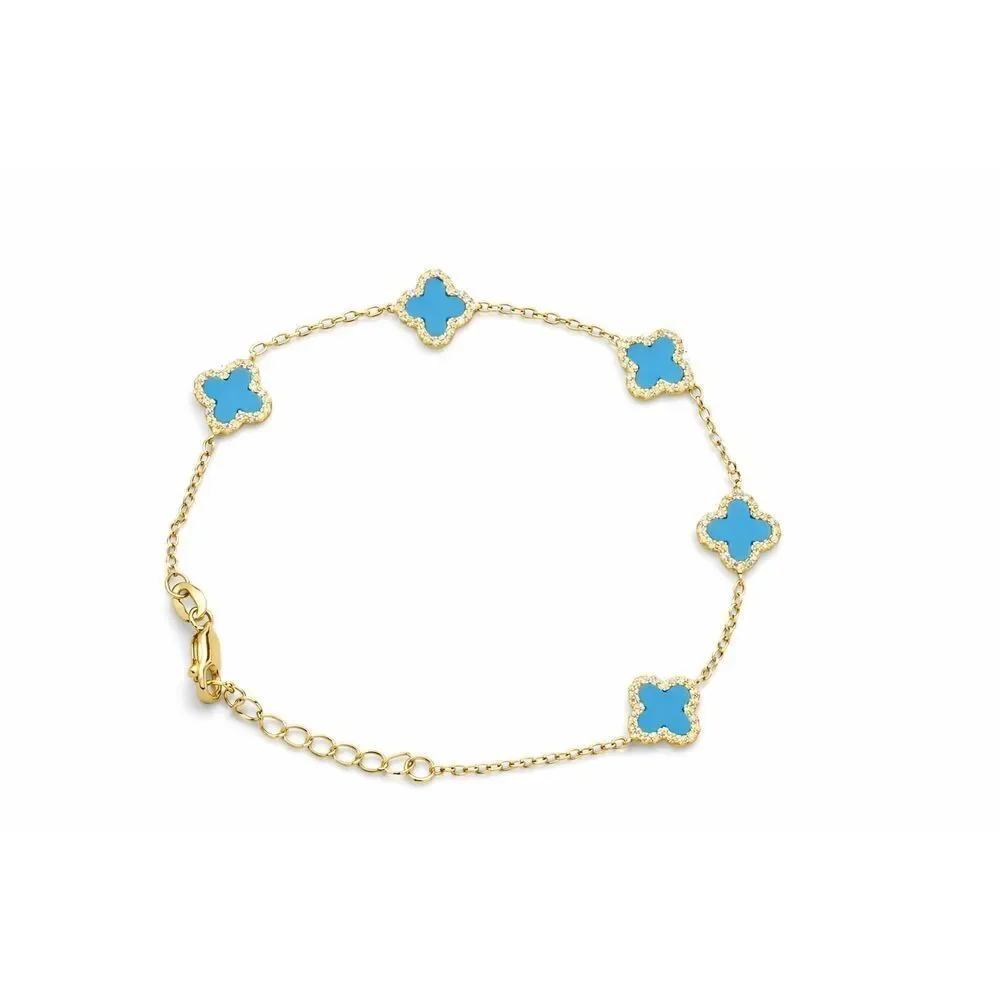 Stunning Gold Vermeil Blue Stone Clover Bracelet Moissanite Accents, Adjustable